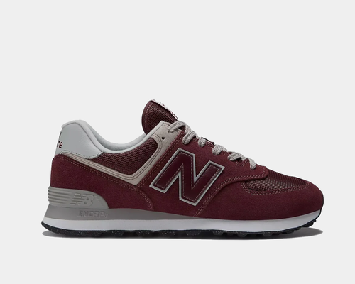 New Balance 574 Core sneakers in burgundy with suede and mesh upper, gray accents, and ENCAP midsole, side view.