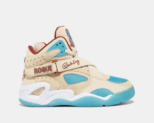 Ewing Athletics ROGUE x ICE T sneakers in beige with blue mesh panels, red accents, signature strap design, and white and blue outsole, side profile.