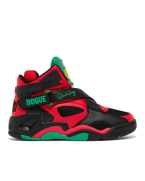 Ewing Athletics ROGUE x LOST BOYZ sneakers in black, red, and green with signature strap design and mesh panels, side view.