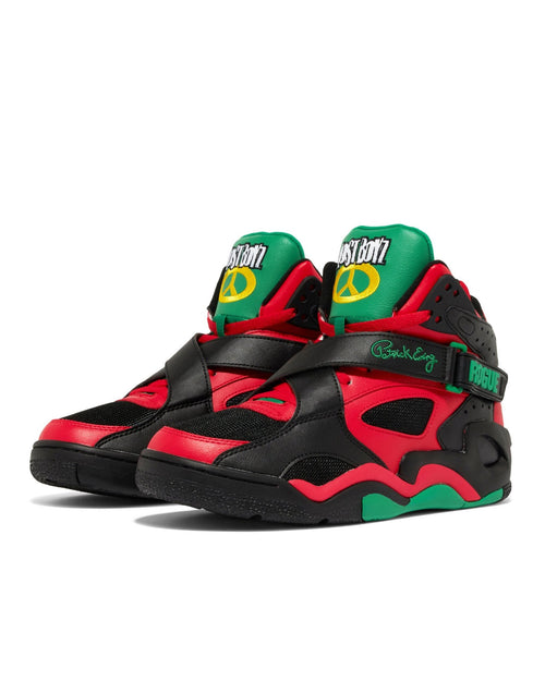 Ewing Athletics ROGUE x LOST BOYZ sneakers in black, red, and green with leather and mesh upper, front and side view.