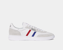 White sneaker with red and blue stripes.
