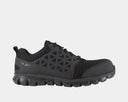 Reebok Work Sublite Cushion Work shoes in black with mesh upper, slip-resistant sole, and protective toe cap, side view.