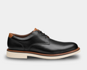 Johnston & Murphy Tyson Plain Toe shoes in black leather with tan accents and white ribbed sole, side view.
