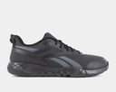 Reebok Work Flexagon Force XL Work shoes in black with a sleek synthetic upper and textured slip-resistant outsole, side view.