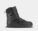 Reebok Work Cushion Tactical 8" Comp Toe Waterproof boots in black with mesh panels, padded collar, and rugged outsole, side view.
