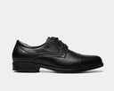 Florsheim Midtown Cap Oxford dress shoes in black leather with cap toe design and stacked heel, side view.
