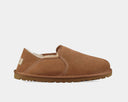 UGG Kenton slippers in chestnut brown suede with sheepskin lining and rubber outsole, side view.