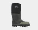 Bogs Forge Steel Toe boots in black and gray with a durable rubber upper, safety toe protection, and slip-resistant outsole, side view.