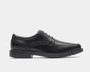 Rockport Style Leader 2 Apron Toe dress shoes in black leather with apron toe design and textured sole, side view.