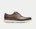 Rockport Garett Plain Toe shoes in brown leather with stitch detailing and lightweight white outsole, side view.