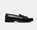 Florsheim Pisa dress loafers in black leather with tassel detailing and stitched accents, side view.