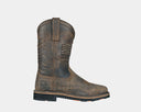 Hoss Rushmore Western Rancher boots in brown leather with embossed American flag design, side view showing pull tabs and rugged sole.