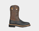 Hoss Spitfire Comp Toe Western Boot in brown and black leather with detailed stitching and pull holes, side view.