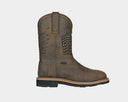 Hoss Rushmore Comp Toe Western Boot in distressed brown leather with American flag stitching detail and slip-resistant outsole, side view.