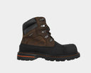 Hoss K-Tough 6" boot in brown and black with reinforced toe, rugged tread outsole, and orange stitch accents, side view.