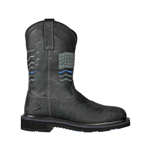 A black composite toe western boot with pull handles and a decorative star on the shaft.